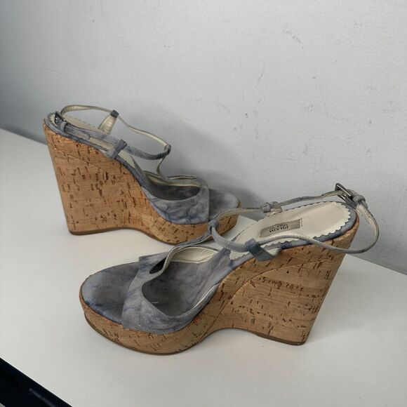Prada Tie Dye Light Blue Suede Tan Cork Wedge Sandals Ankle Espadrilles 38 - Picture 7 of 13